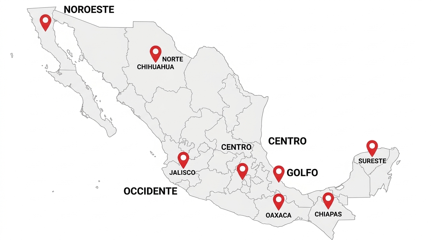 Mapa de México con referencias en las regiones noroeste, norte, centro, golfo, occidente y sureste